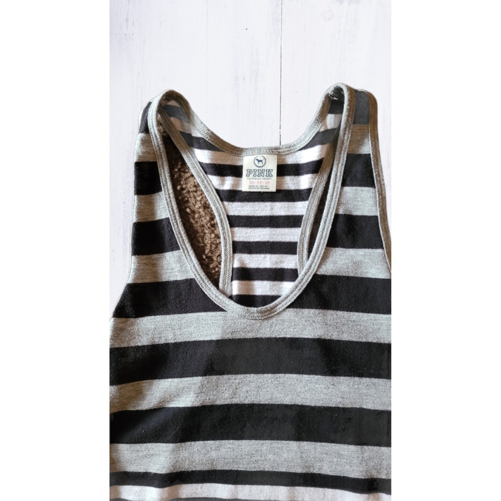 Victorias Secret PINK Tank Top XS Extra Small Black Gray Striped Racerback Tee - Picture 3 of 4